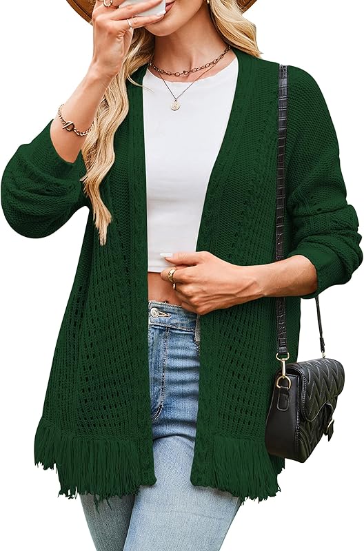 Cakulo Womens Crochet Fringe Cable Knit Oversized Cardigan