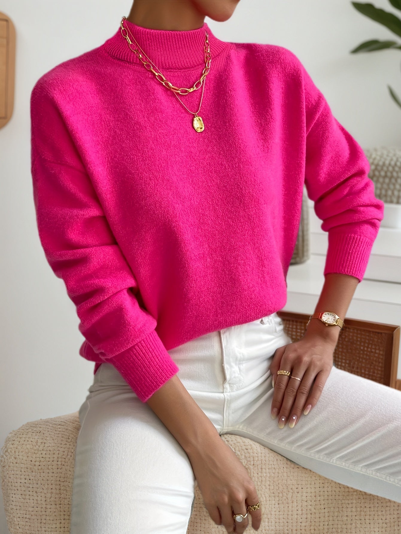 Cakulo FallFreshness Women's Solid Color Round Neck Dropped Shoulder Knitted Pullover Sweater Chic Elegance Everyday Wear Soft Fabri