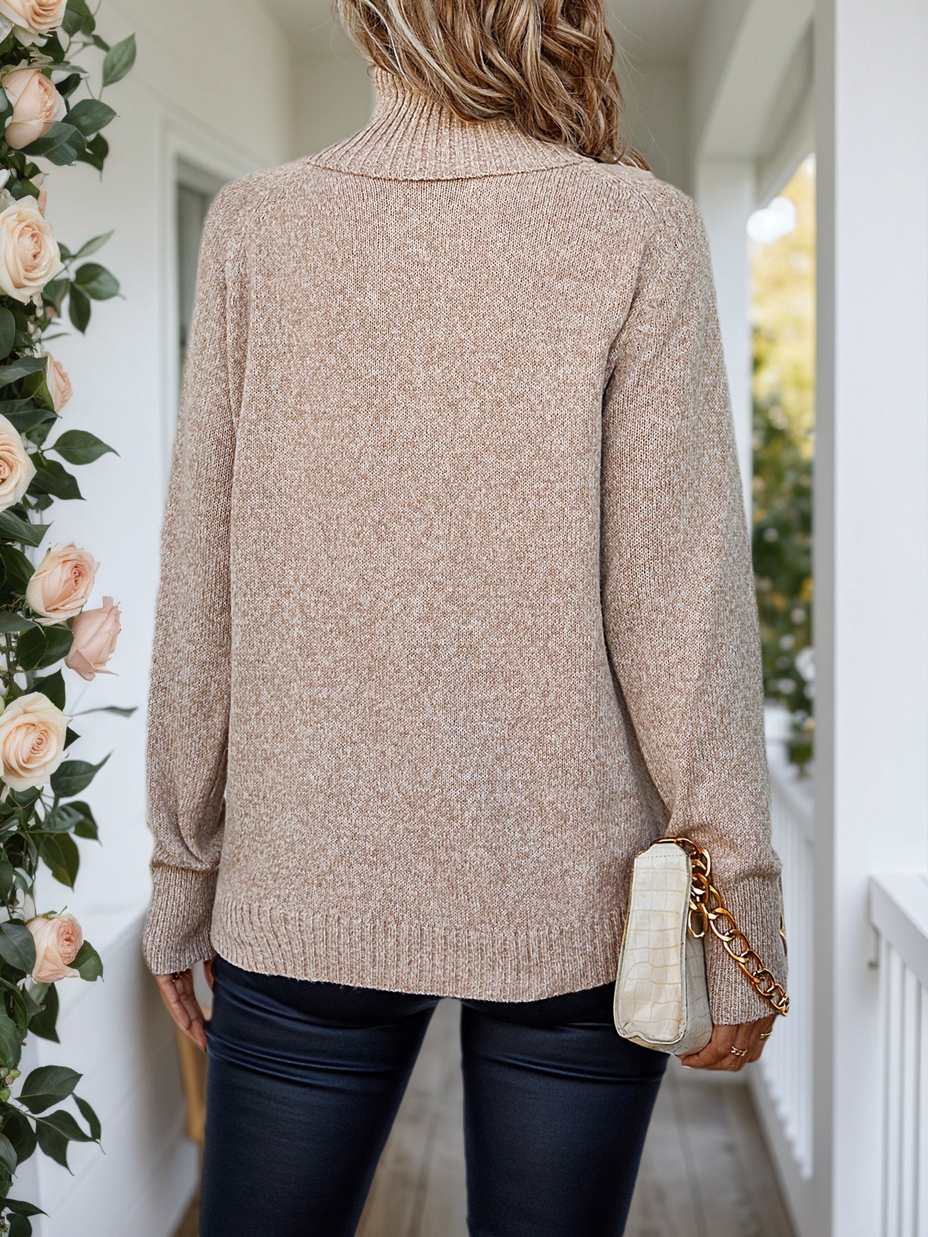 Cakulo FallFreshness Women's Beige High Neck Shoulder Sleeve Knitted Sweater Casual Everyday Wear Pullover Tops