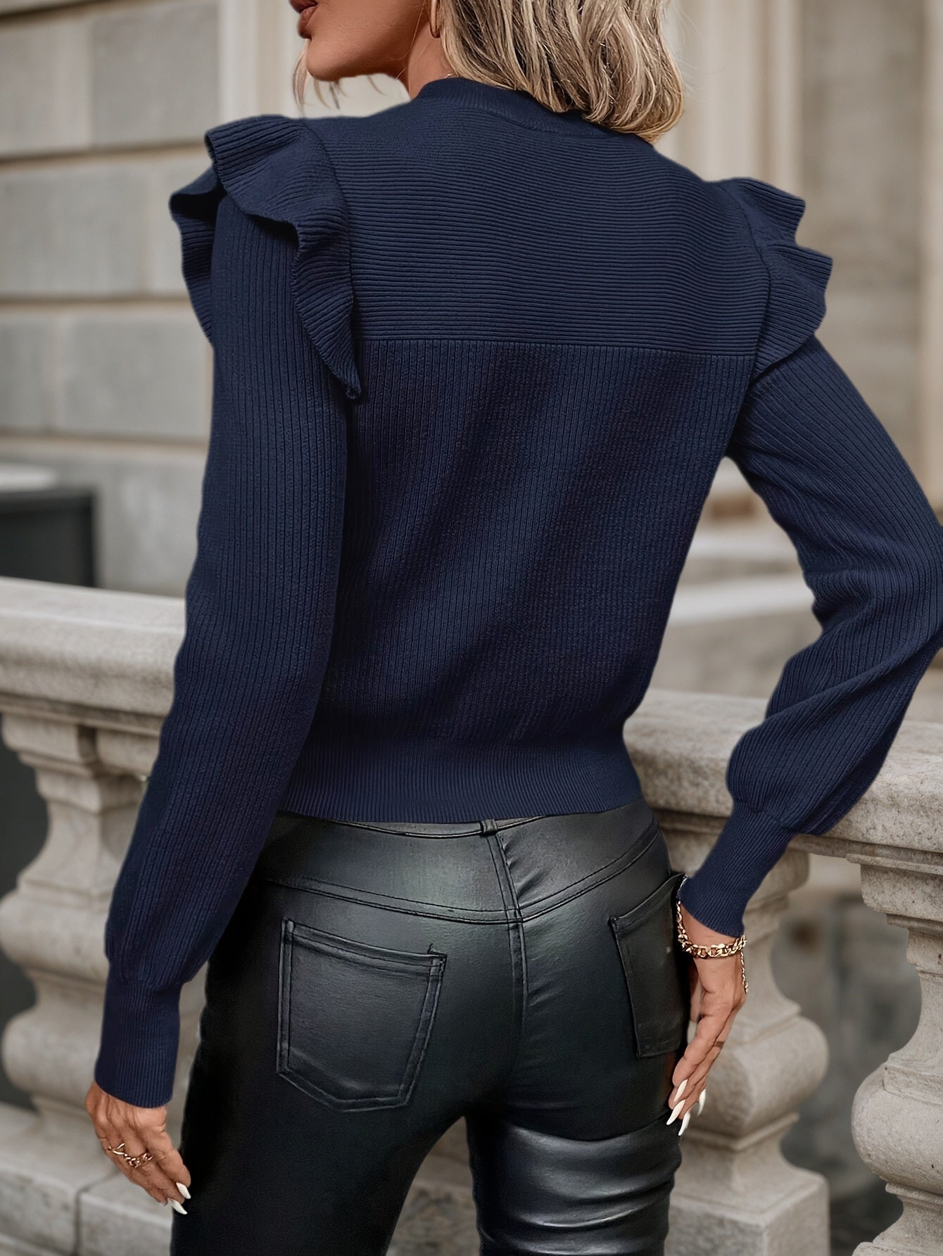 Cakulo FallFreshness Women's Navy Blue Round Neck Sweater with Long Puffy Sleeves Slim Fit Soft Comfortable Autumn Winter Fashion Top