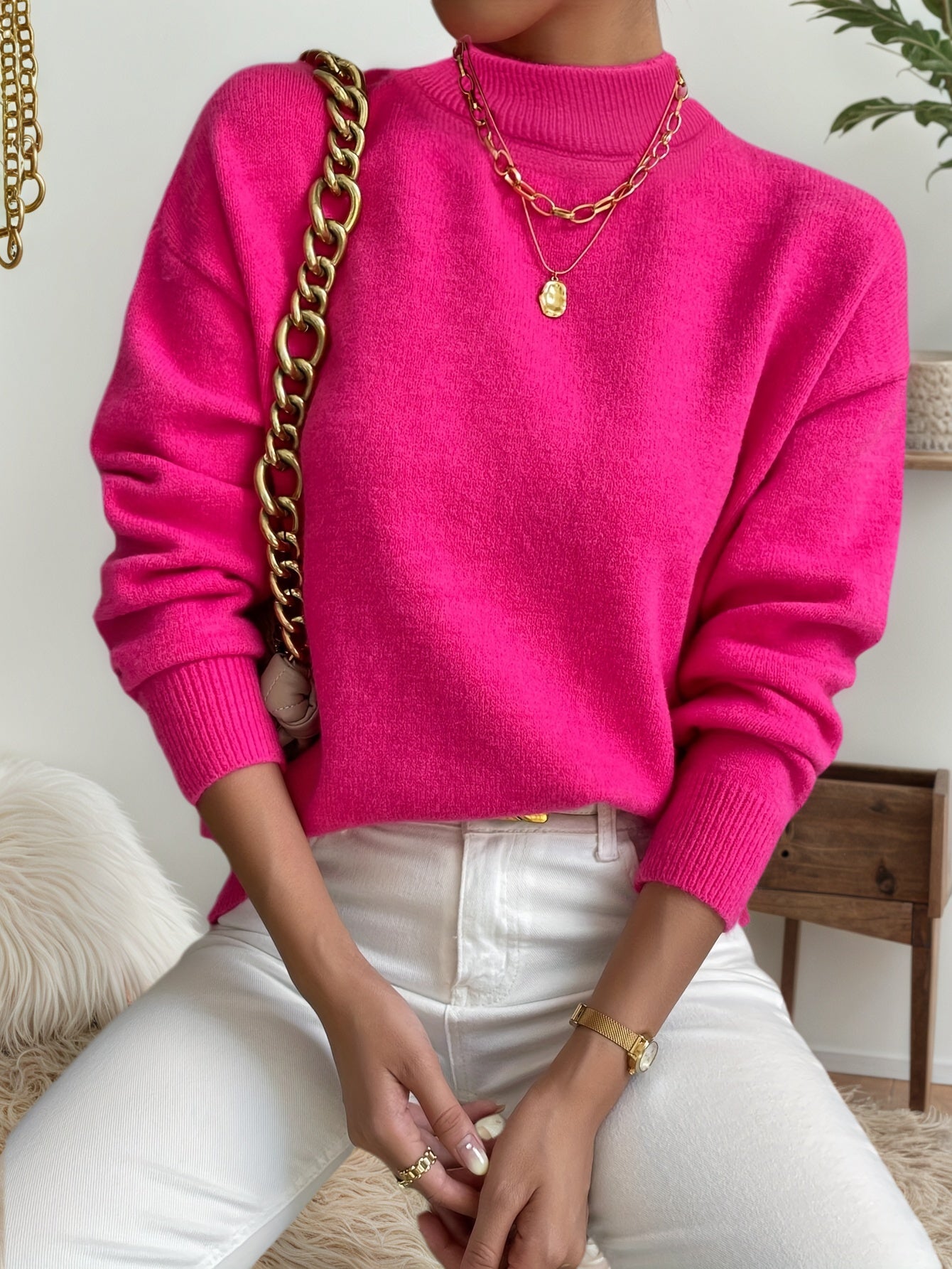 Cakulo FallFreshness Women's Solid Color Round Neck Dropped Shoulder Knitted Pullover Sweater Chic Elegance Everyday Wear Soft Fabri