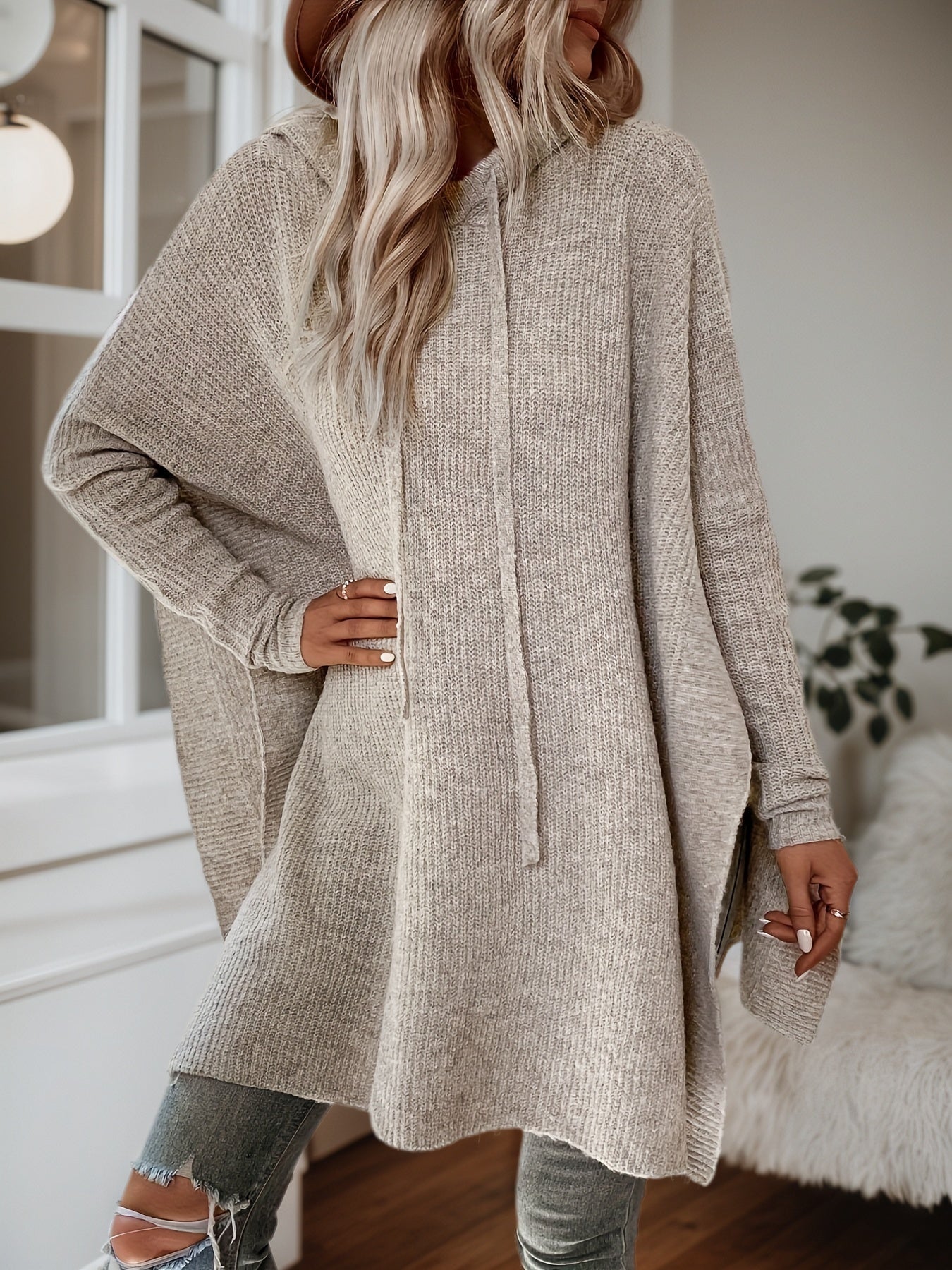 Cakulo FallFreshness Women's Wool Bat Sleeves Drawstring Hoodie Loose Fit Pullover Casual Fashion Sweater for Everyday Wear