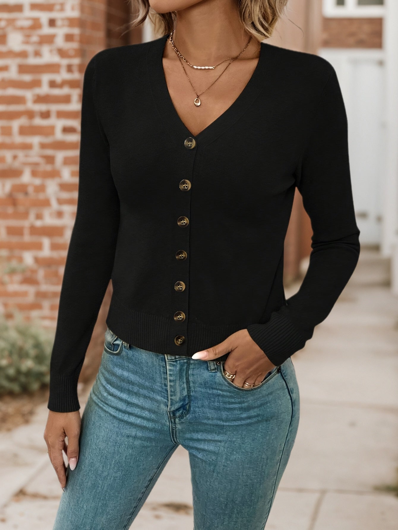 Cakulo FallFreshness Women's Elegant Solid Black Button Long Sleeve Cardigan - Chic & Stylish Knitwear Top for Casual & Formal Occasions