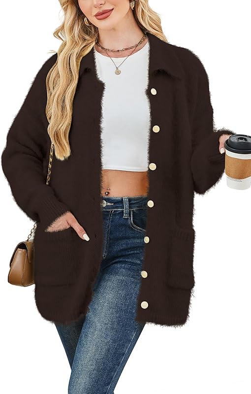 Cakulo Womens Oversized Fuzzy Collared Cardigan with Pockets for Fall/Winter