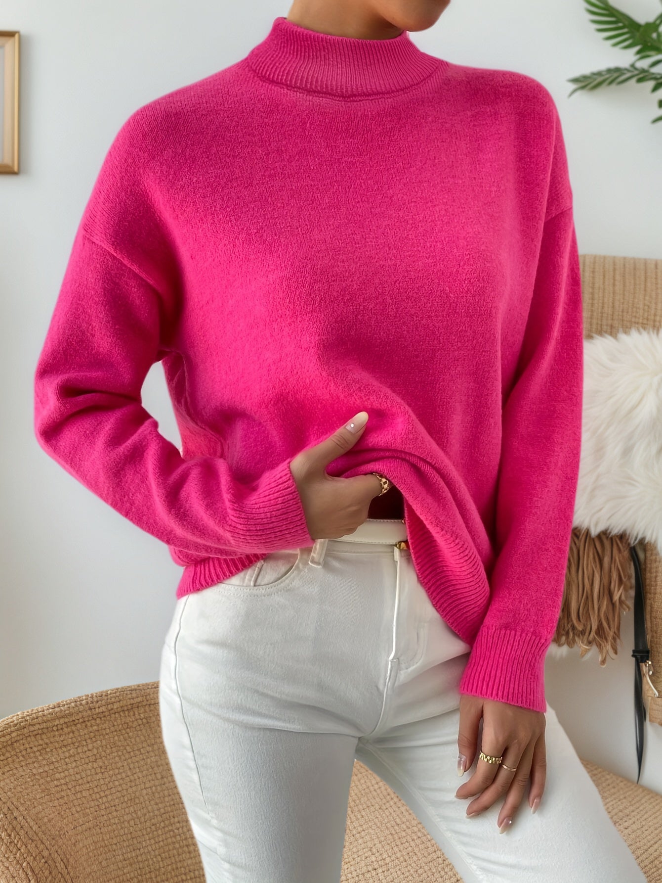 Cakulo FallFreshness Women's Solid Color Round Neck Dropped Shoulder Knitted Pullover Sweater Chic Elegance Everyday Wear Soft Fabri