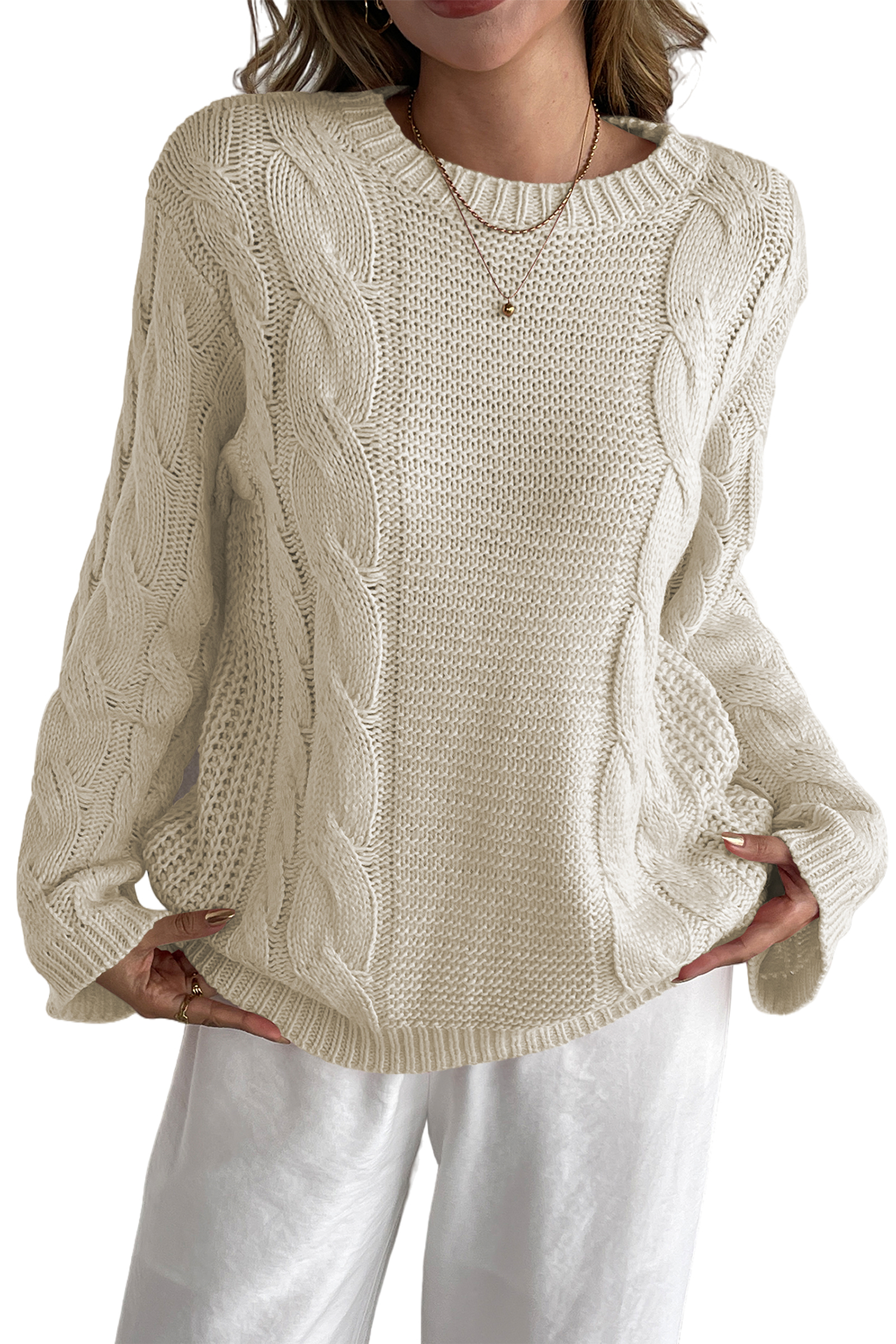 Cakulo Womens Oversized Pullover: Chunky Cable Knit, Crewneck, Bell Sleeve 2025