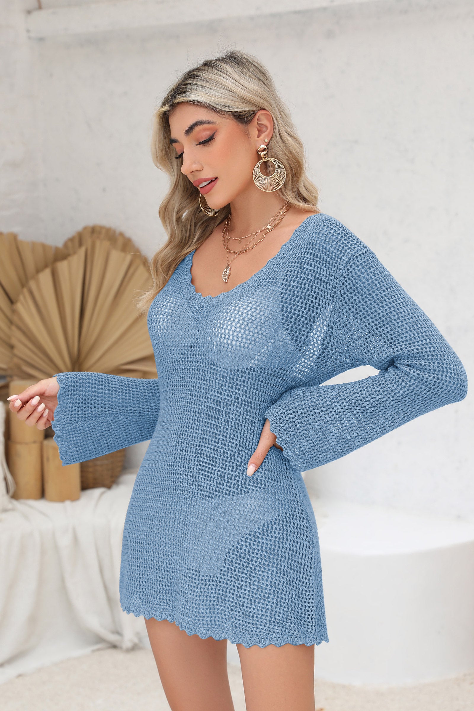 Cakulo Women Stylish Long Sleeve Crochet Beach Dress