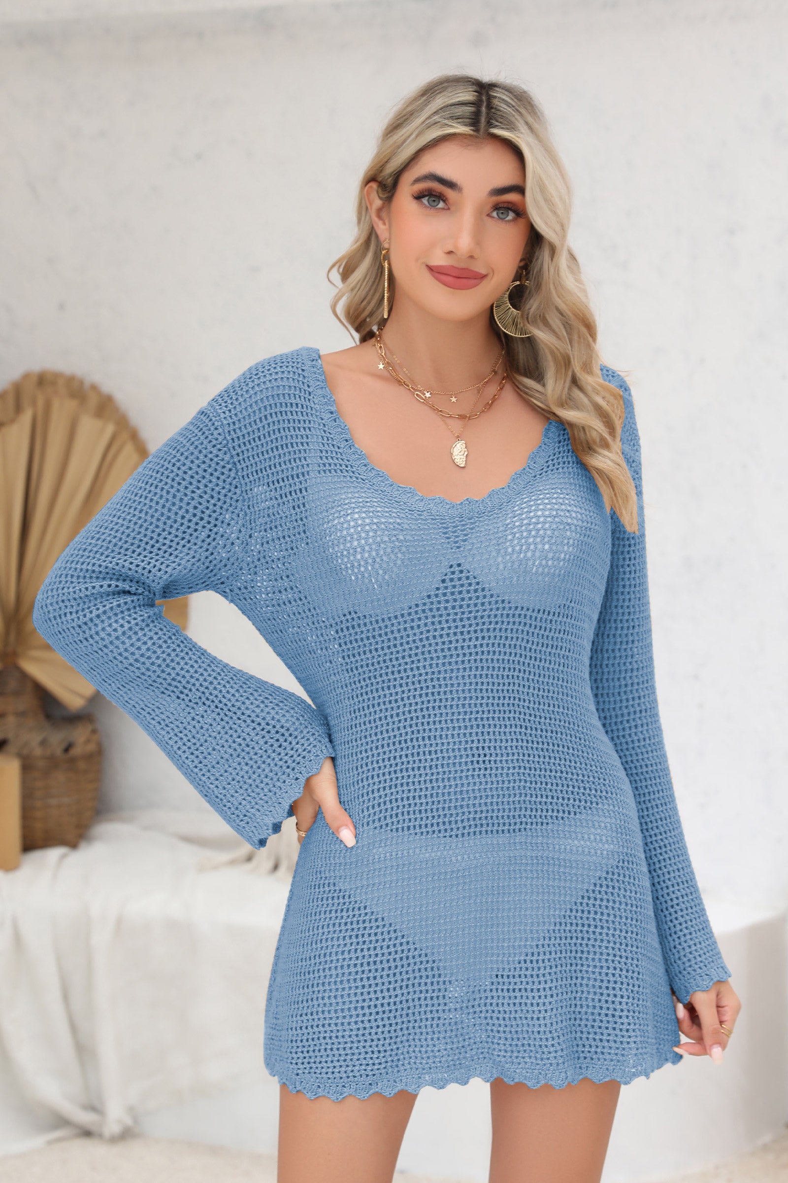 Cakulo Women Stylish Long Sleeve Crochet Beach Dress