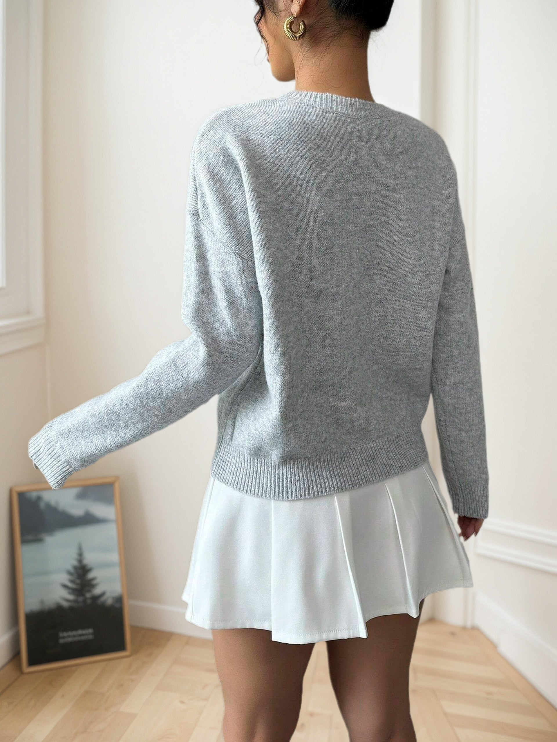 Cakulo FallFreshness Women's Casual Round Neck Floral Embroidery Loose Off-Shoulder Long Sleeve Pullover Sweater in Polyester Material