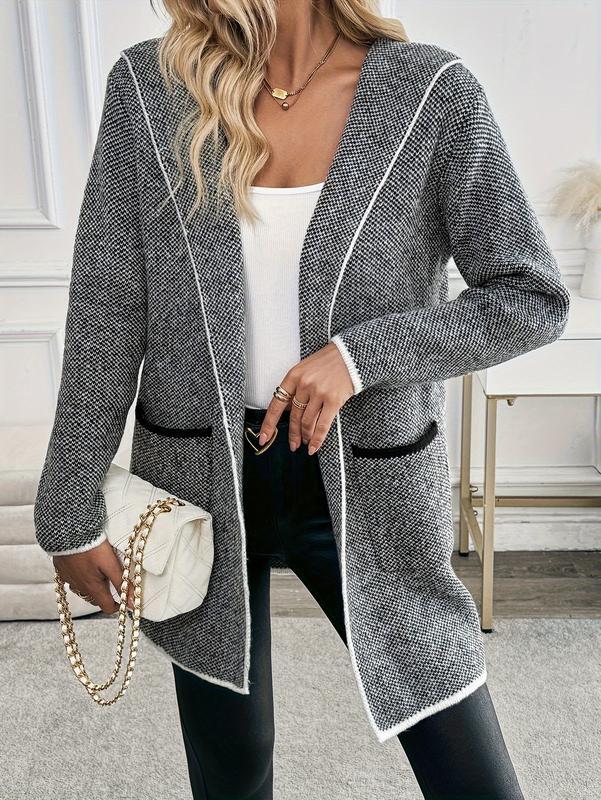 Cakulo FallFreshness Women's Knitwear Chic Fitted Long Sleeve Cardigan with Color-Blocking & Fine Edge Embellishment Hooded Mid-Length Tops