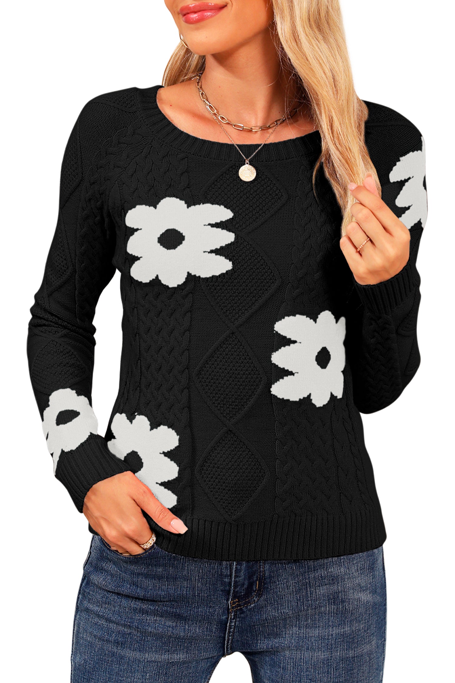 Cakulo Women's Cable Knit Flower Sweater