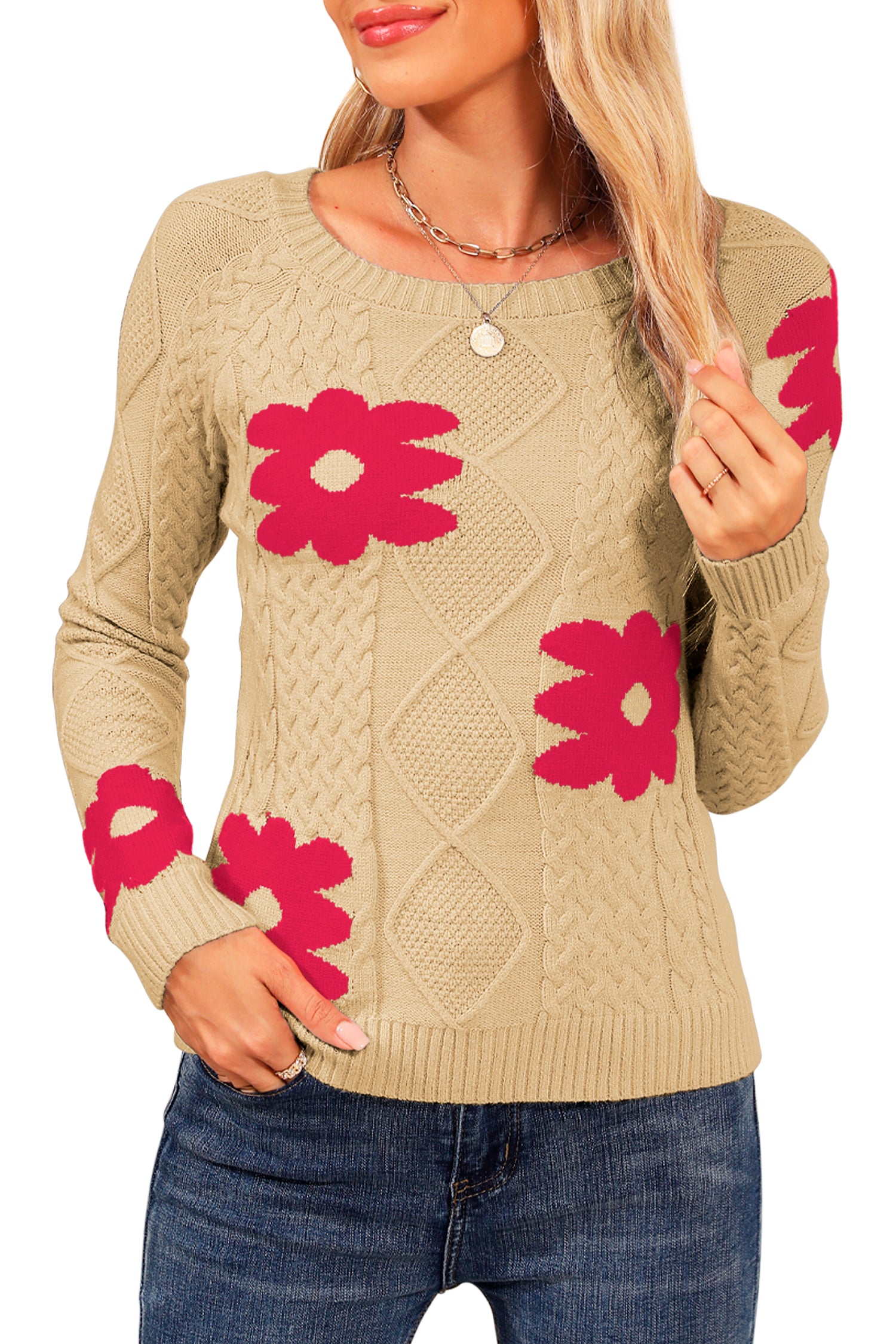 Cakulo Women's Cable Knit Flower Sweater