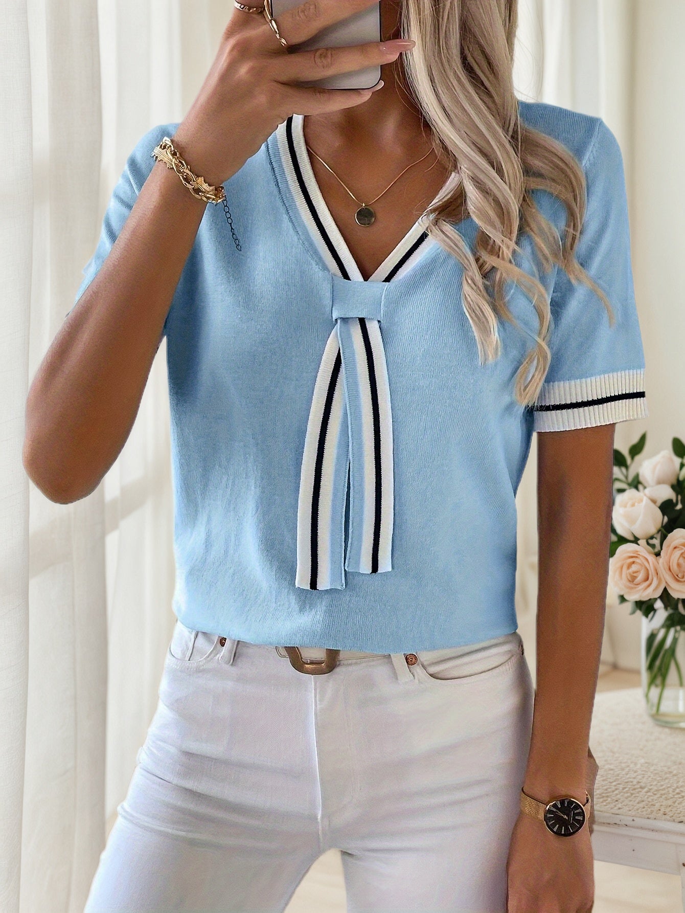Cakulo FallFreshness Women's Knitted Top - Blue V-Neck Short Sleeves with Contrasting Colors & Thin Edges for Everyday Elegance Casual Blouses Shirts