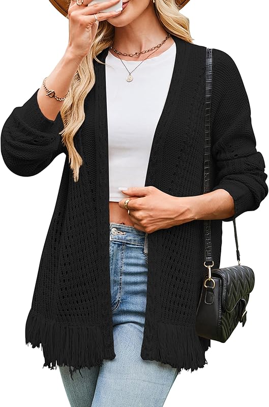 Cakulo Womens Crochet Fringe Cable Knit Oversized Cardigan