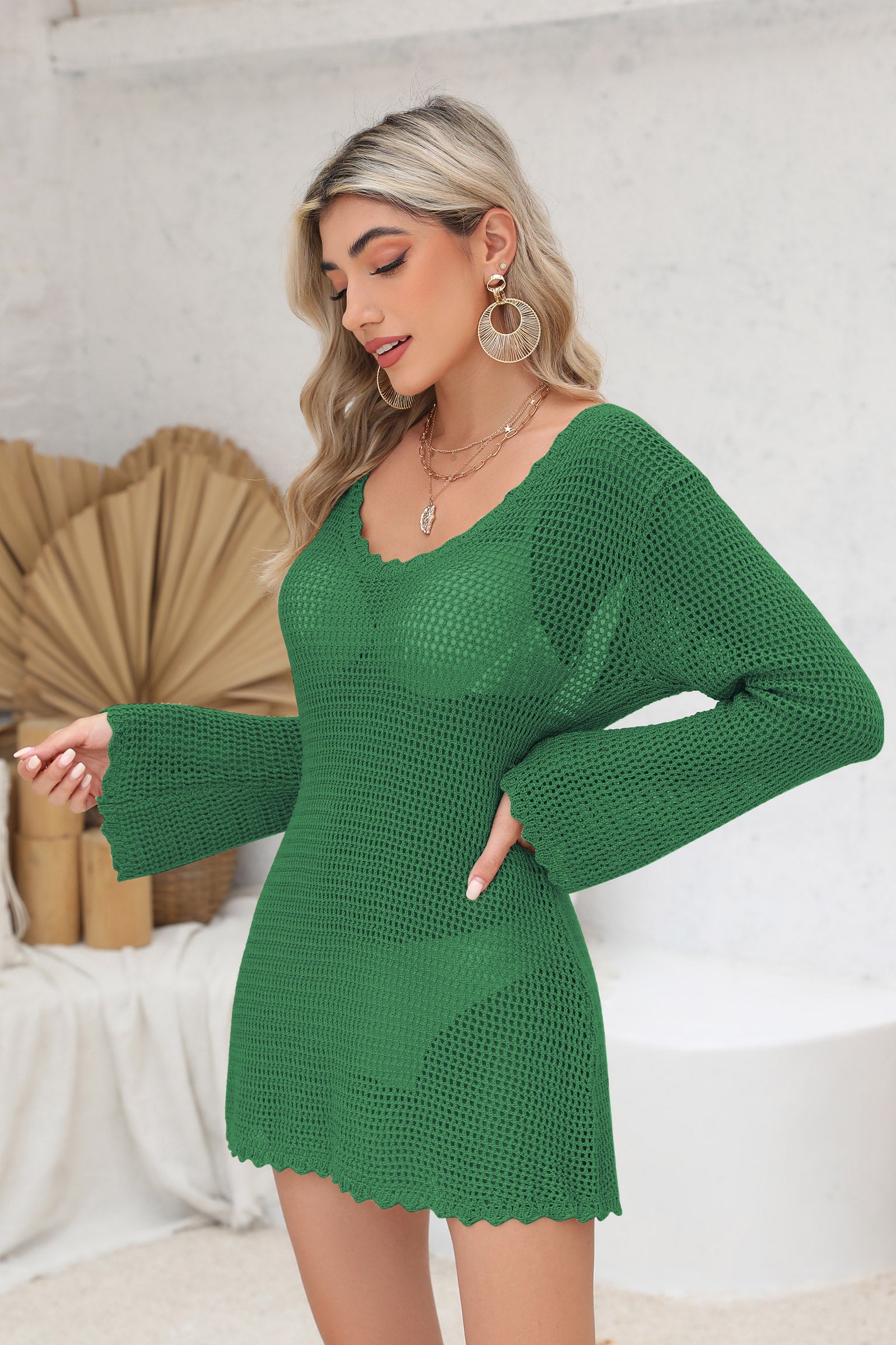 Cakulo Women Stylish Long Sleeve Crochet Beach Dress