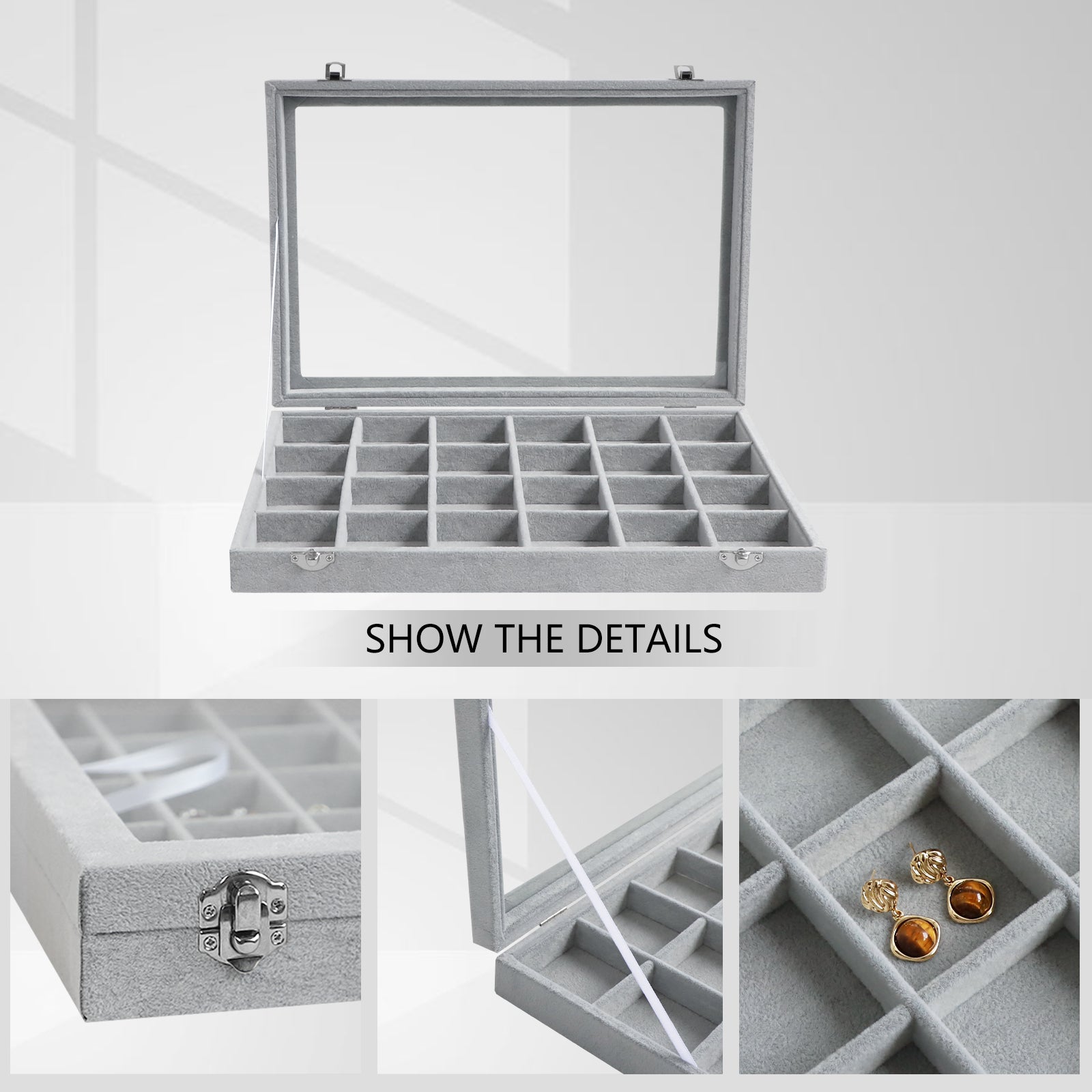 Velvet Jewelry Organizer Tray with Clear Lid Stores Bracelets Rings Earrings