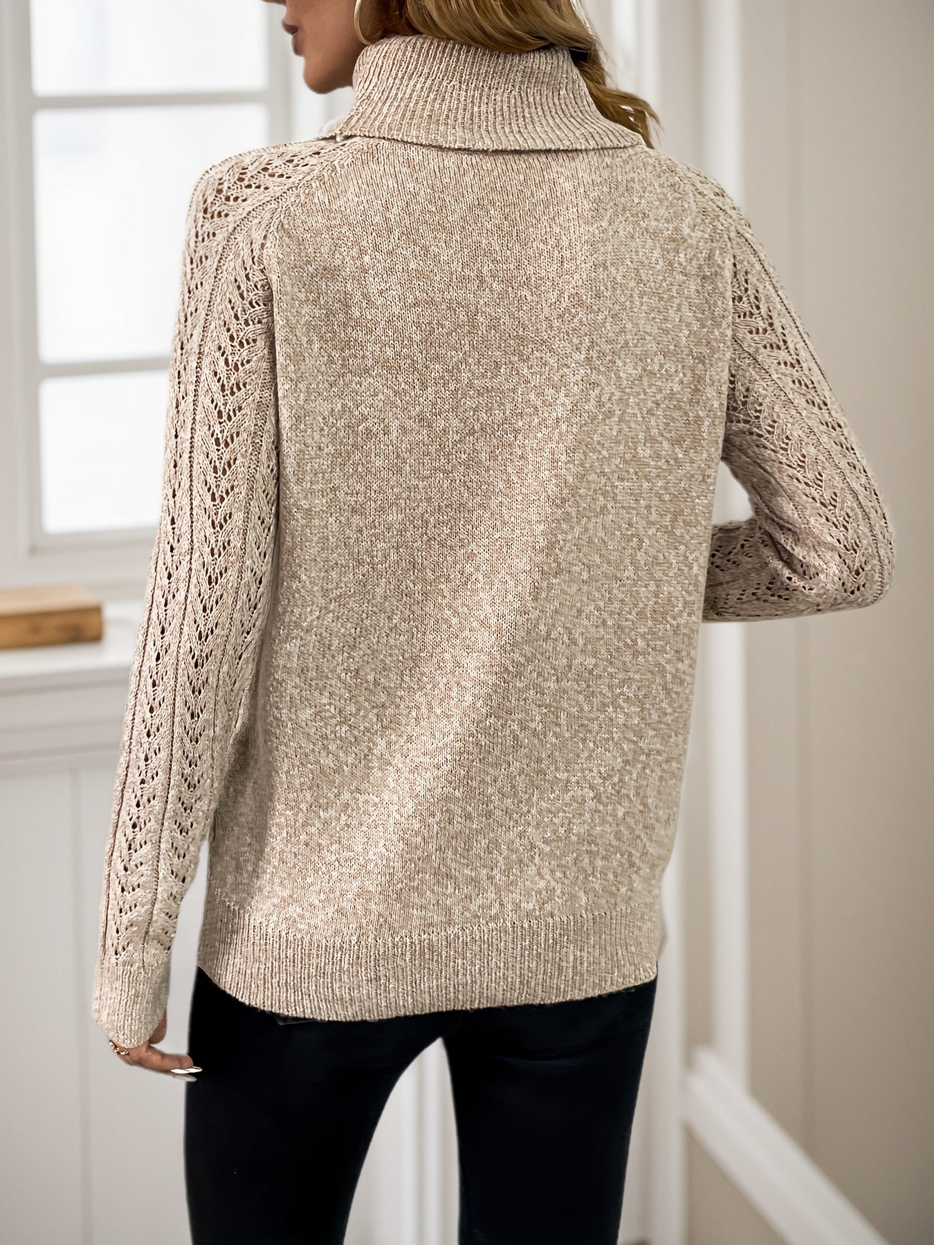 Cakulo FallFreshness Women's Camel Color Fitted V-neck Sweater Long Sleeve Openwork Knitwear Chic Everyday Wear Top for Cooler Days