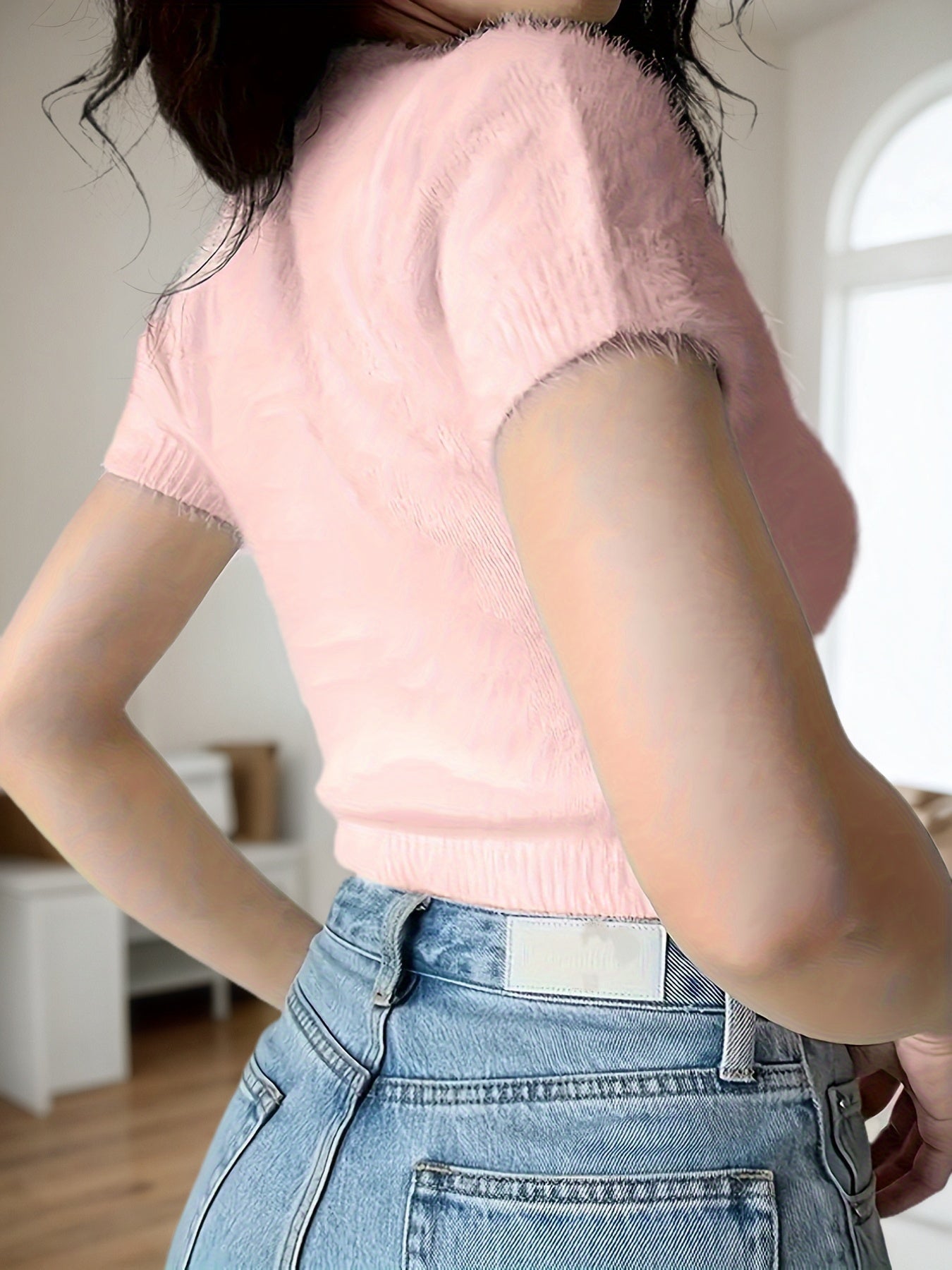 Cakulo FallFreshness Women's Pink Short Sleeve Knitted Crop Top with Heart Pattern Slim Fit Crewneck Soft Fluffy Fabric Casual Style