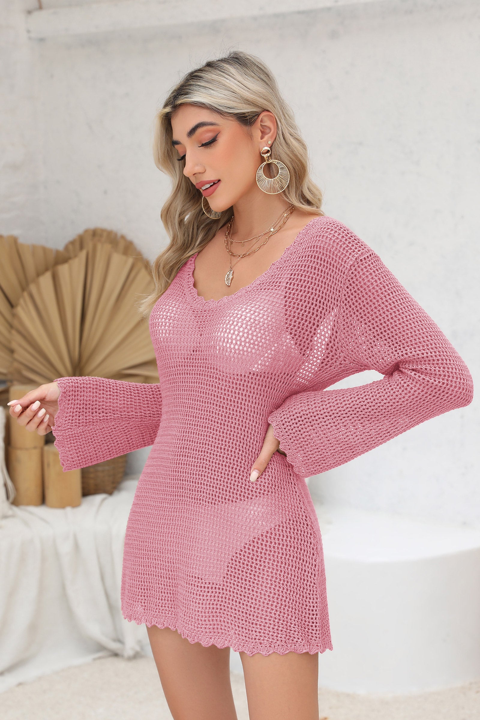 Cakulo Women Stylish Long Sleeve Crochet Beach Dress