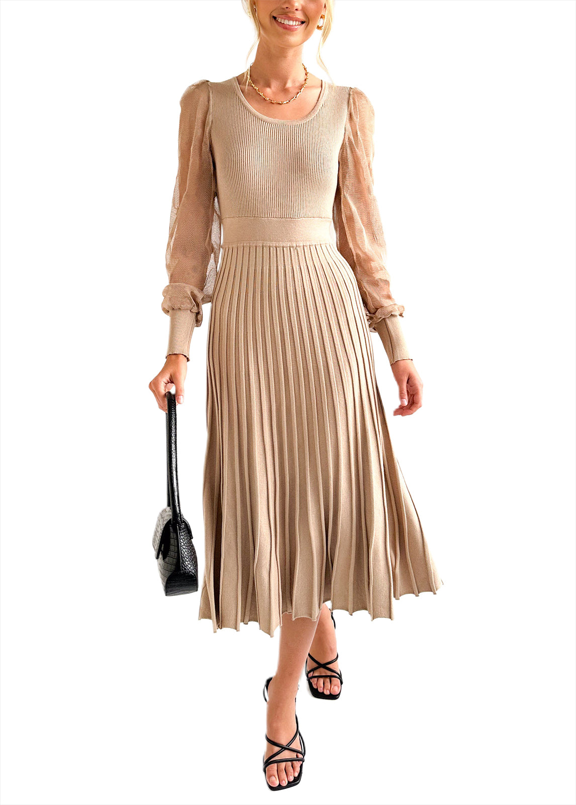 Cakulo Women's Knit Dress Elegant Sheer Long Sleeve