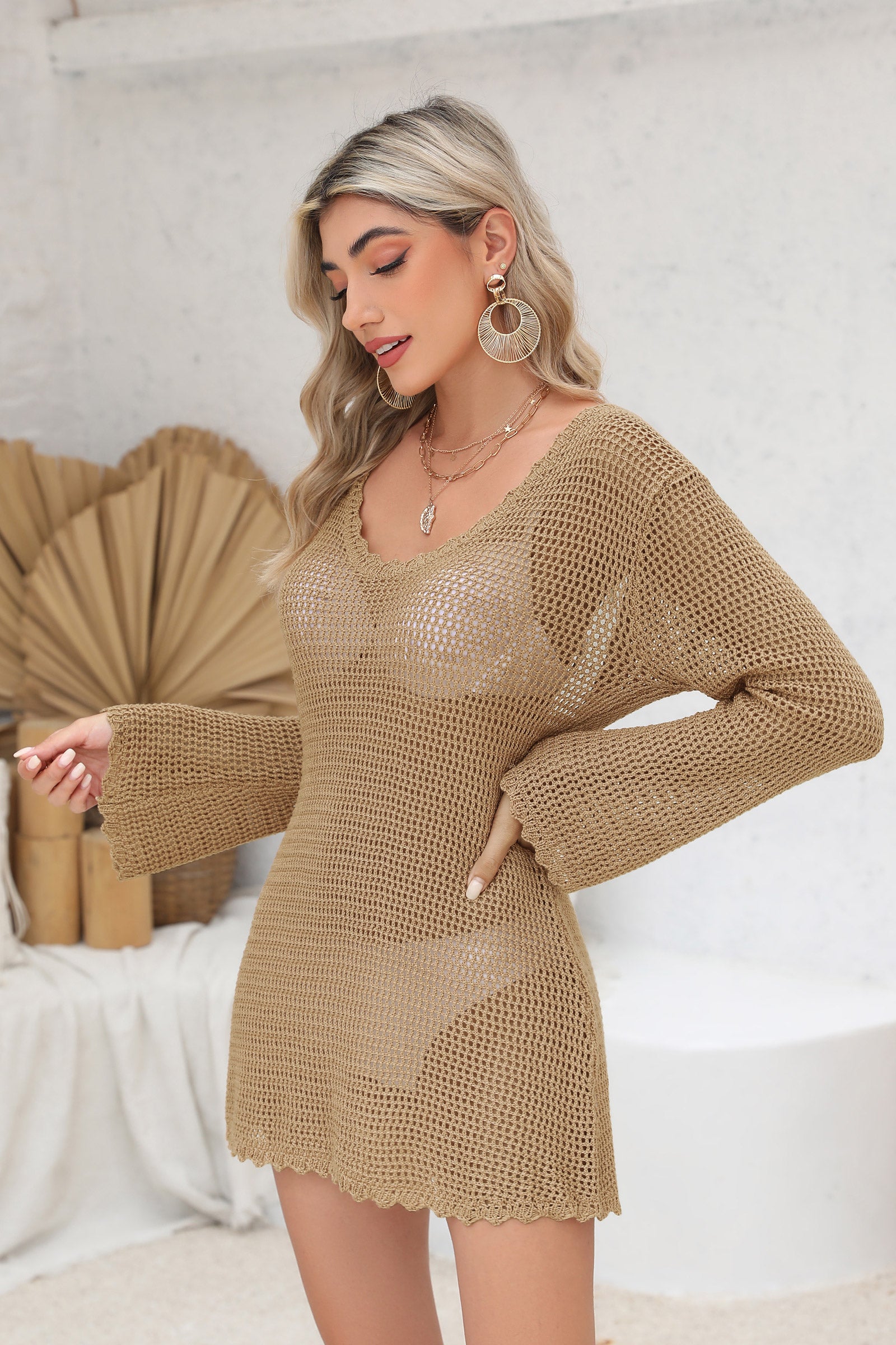Cakulo Women Stylish Long Sleeve Crochet Beach Dress