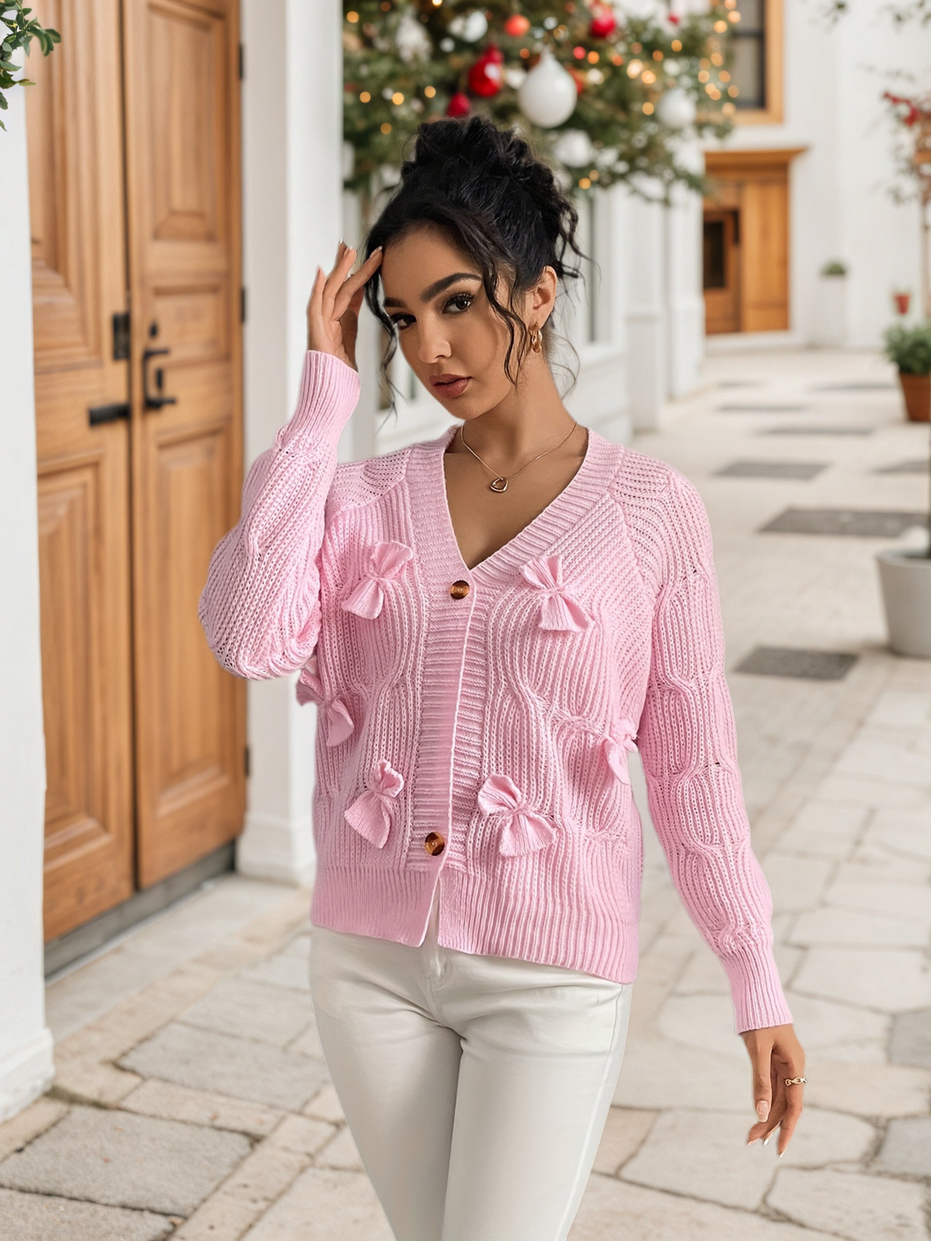 Cakulo FallFreshness Bow-Tie Long-Sleeve Knitted Cardigan Elegant Knitwear for Warmth Elegance Fabric Jeans Piece Skirts Tops Twist Womenswear