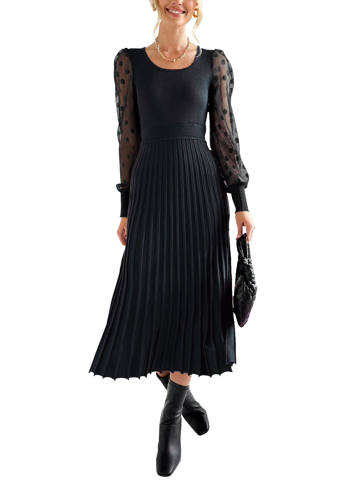Cakulo Women's Knit Dress with Polka Dot Round Neck