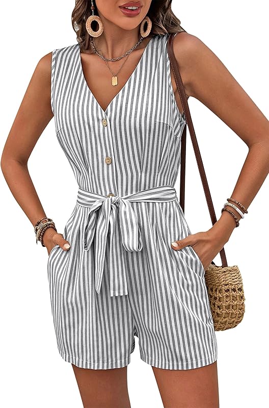 CAKULO Women V - Neck Linen Striped Sleeveless Rompers w/Belt
