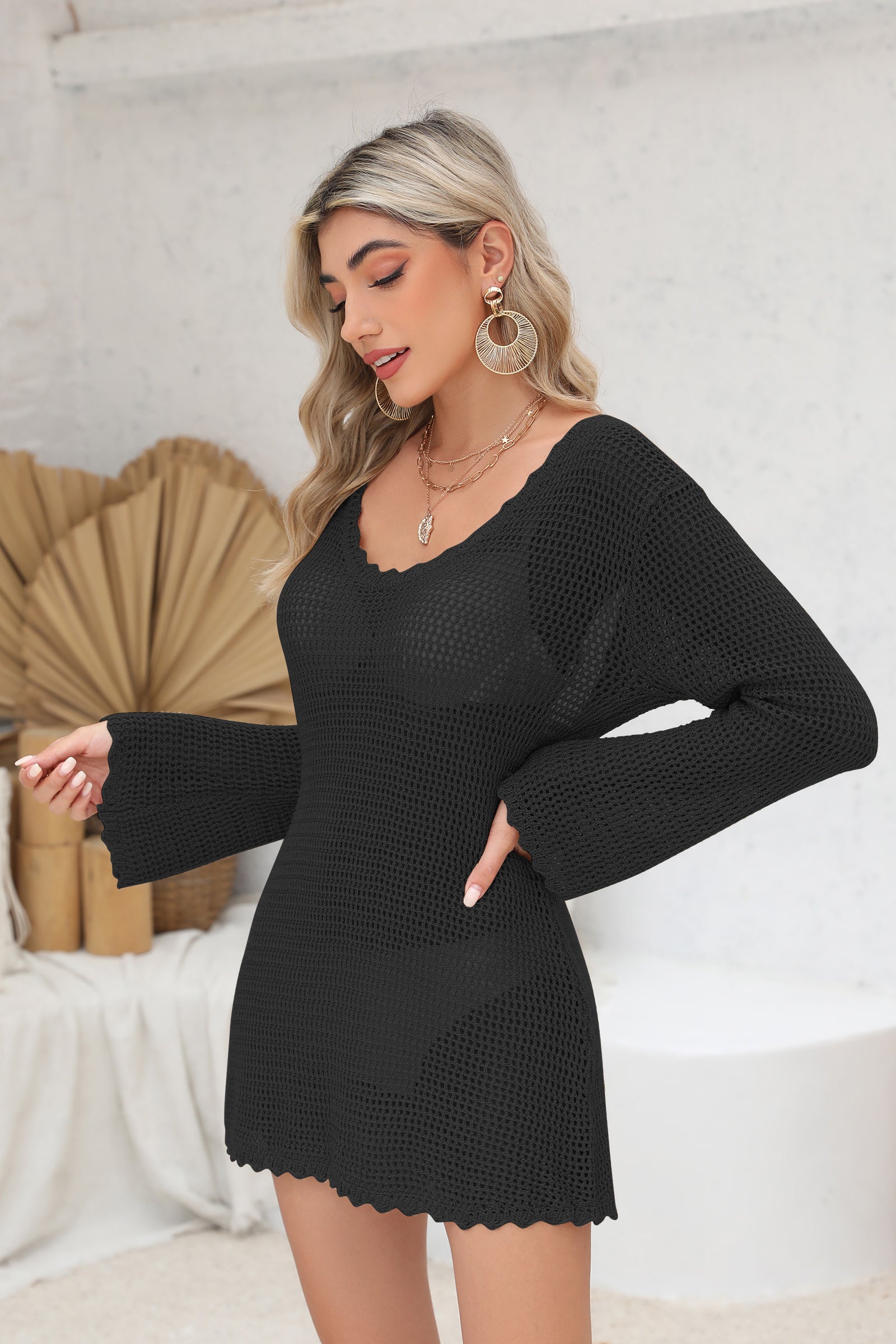 Cakulo Women Stylish Long Sleeve Crochet Beach Dress