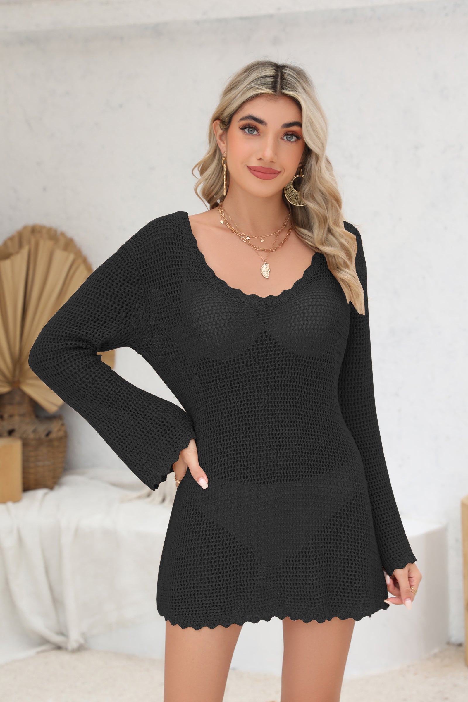 Cakulo Women Stylish Long Sleeve Crochet Beach Dress