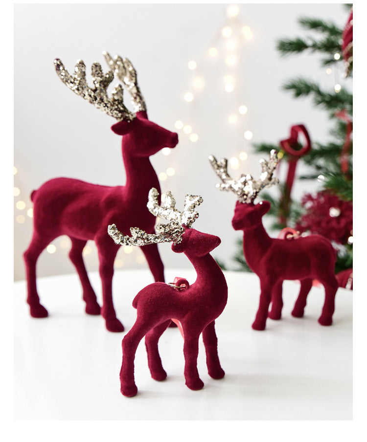 Christmas Decoration Reindeer Desktop Ornament Christmas Tree Decoration Hanging Decoration Glitter Wine Red Flocked Reindeer Pendant