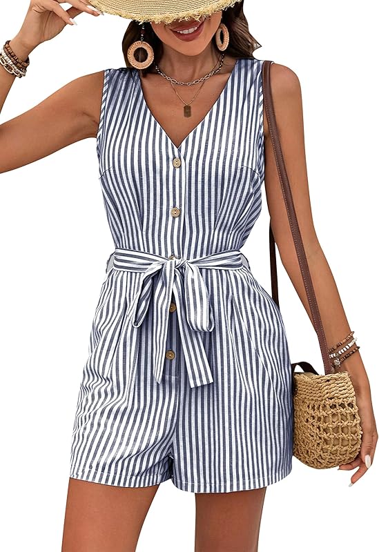 CAKULO Women V - Neck Linen Striped Sleeveless Rompers w/Belt