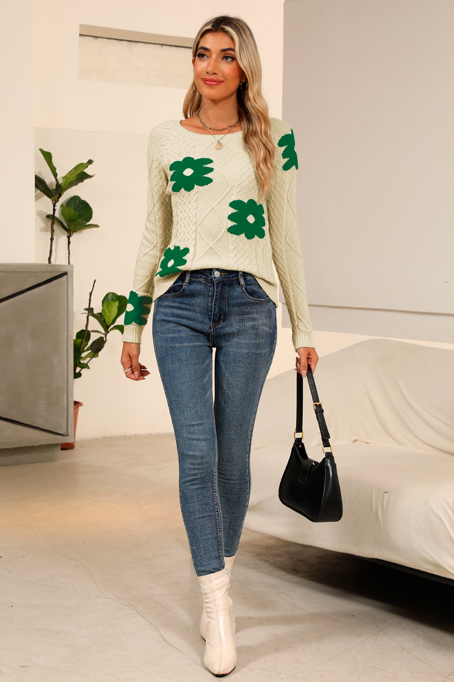 Cakulo Women's Cable Knit Flower Sweater