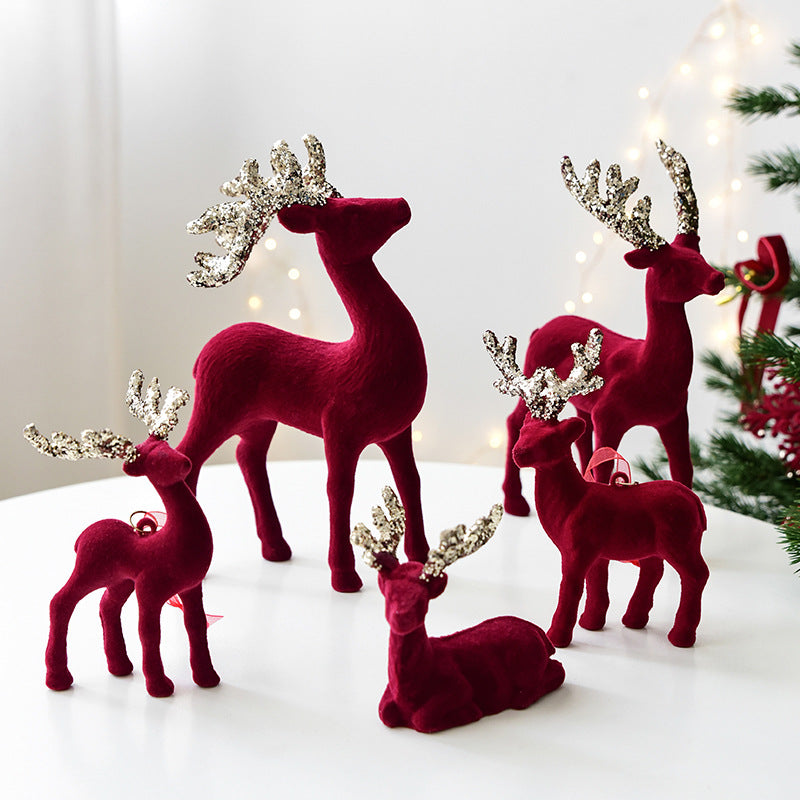Christmas Decoration Reindeer Desktop Ornament Christmas Tree Decoration Hanging Decoration Glitter Wine Red Flocked Reindeer Pendant