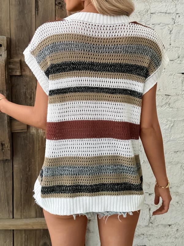 Cakulo FallFreshness Color-Blocked Openwork Stripe Round Neck Bat-Sleeve Short Sleeve Soft Fashion Knitwear Womenswear Crewneck Fitted Multiple