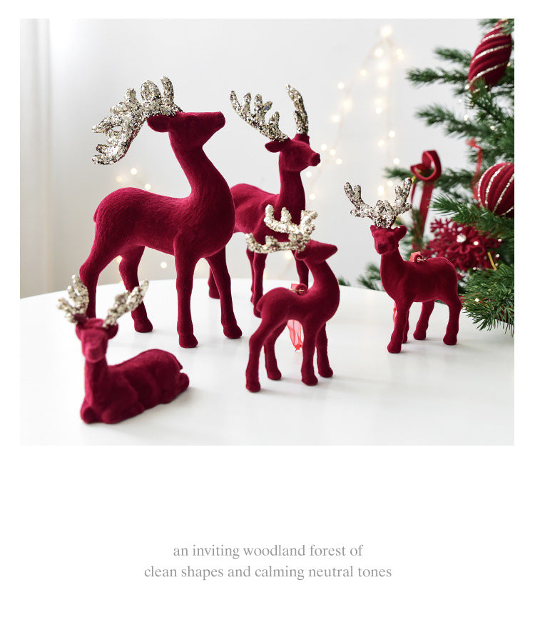 Christmas Decoration Reindeer Desktop Ornament Christmas Tree Decoration Hanging Decoration Glitter Wine Red Flocked Reindeer Pendant