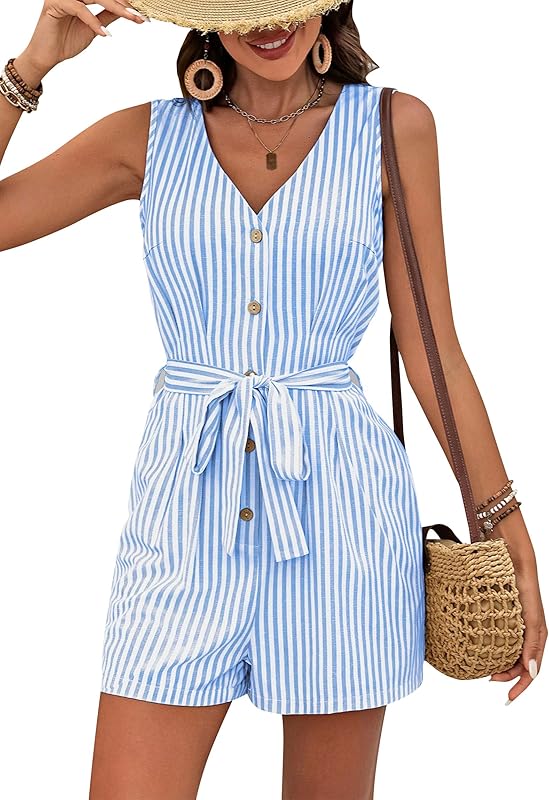 CAKULO Women V - Neck Linen Striped Sleeveless Rompers w/Belt