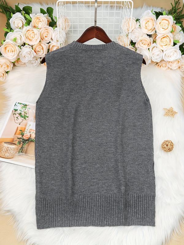 Cakulo FallFreshness Women's Sleeveless Knitted Sweater Vest Round Neck Side Slit Casual Chic Everyday Top Grey