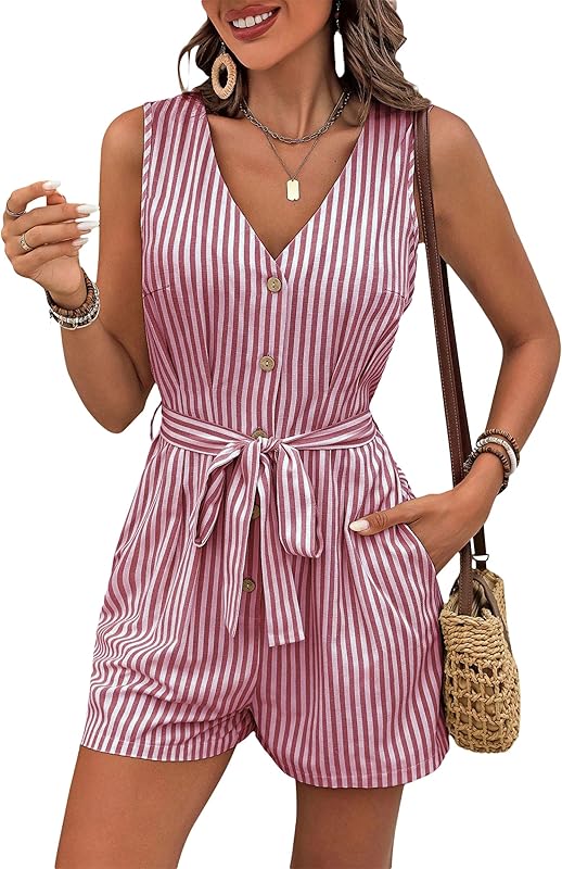 CAKULO Women V - Neck Linen Striped Sleeveless Rompers w/Belt