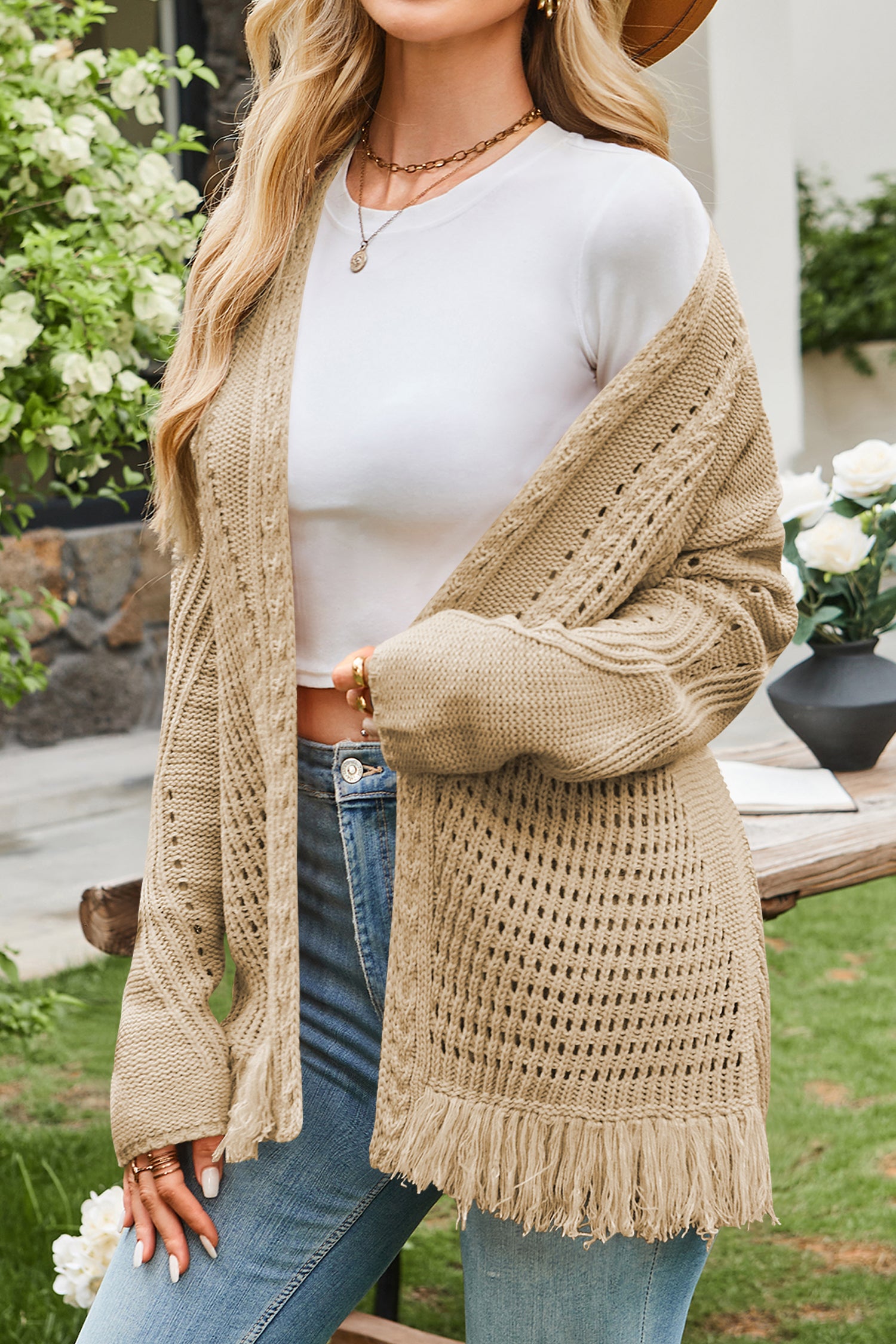 Cakulo Womens 2025 Crochet Fringe Cardigan: Lightweight, Open Front Kimono Knit