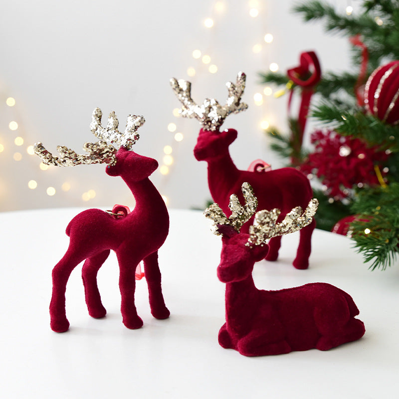 Christmas Decoration Reindeer Desktop Ornament Christmas Tree Decoration Hanging Decoration Glitter Wine Red Flocked Reindeer Pendant