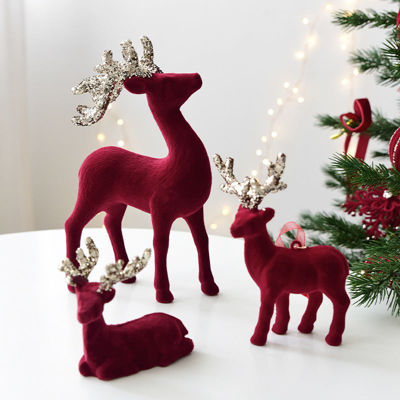 Christmas Decoration Reindeer Desktop Ornament Christmas Tree Decoration Hanging Decoration Glitter Wine Red Flocked Reindeer Pendant