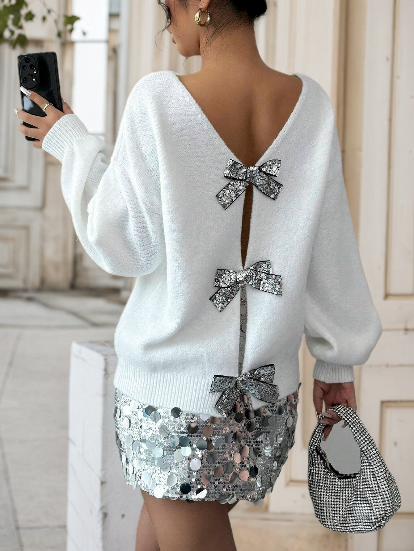 Cakulo FallFreshness Women's Casual Back Bow Rhinestone Decoration Fashion Knitted Sweater Chic Everyday Wear Soft Warm Knitwear