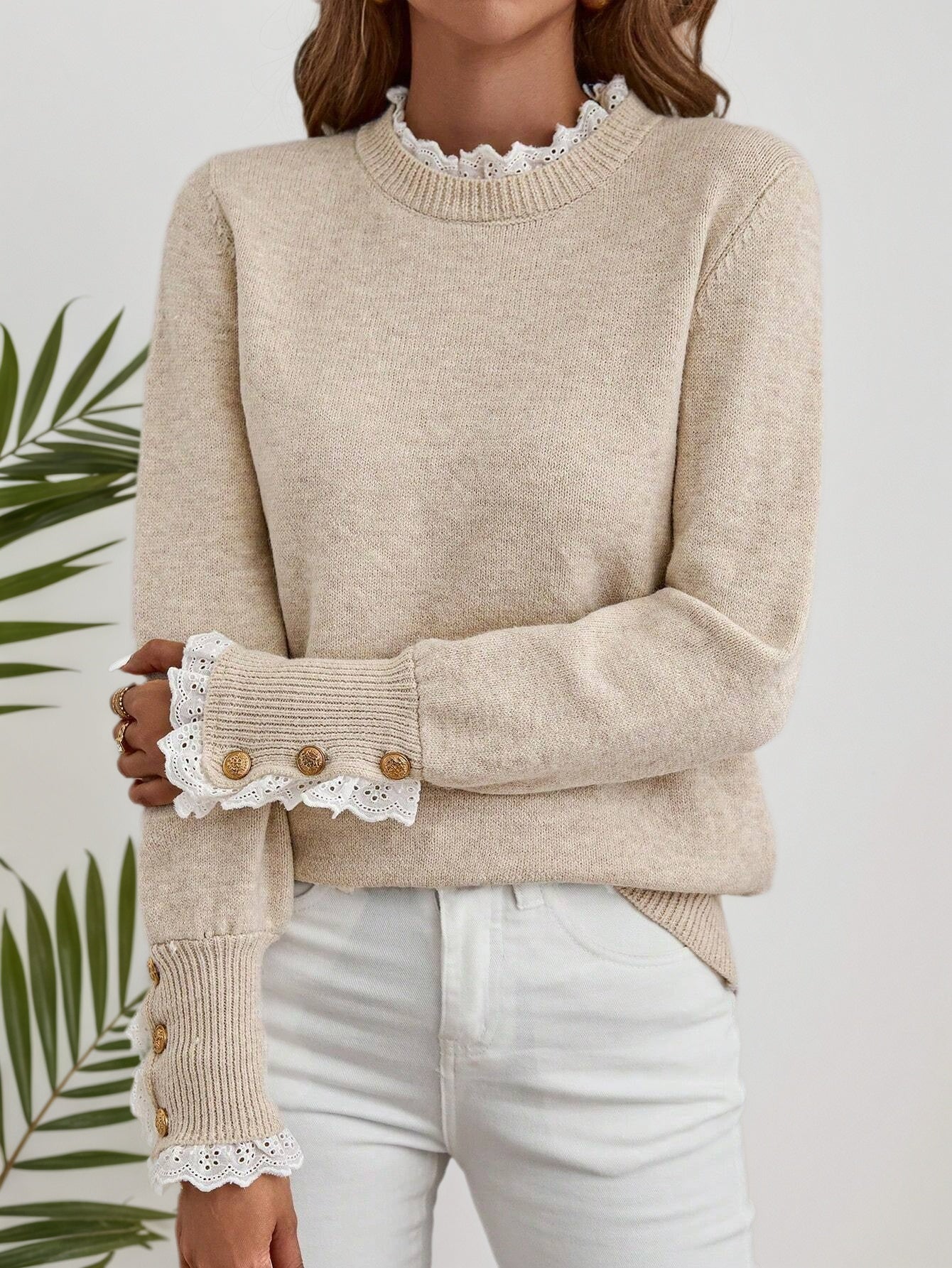 Cakulo FallFreshness Women's Round Neck Long Sleeve Knitted Sweater with Lace Trim Autumn Winter Top Beige Color Polyester Material