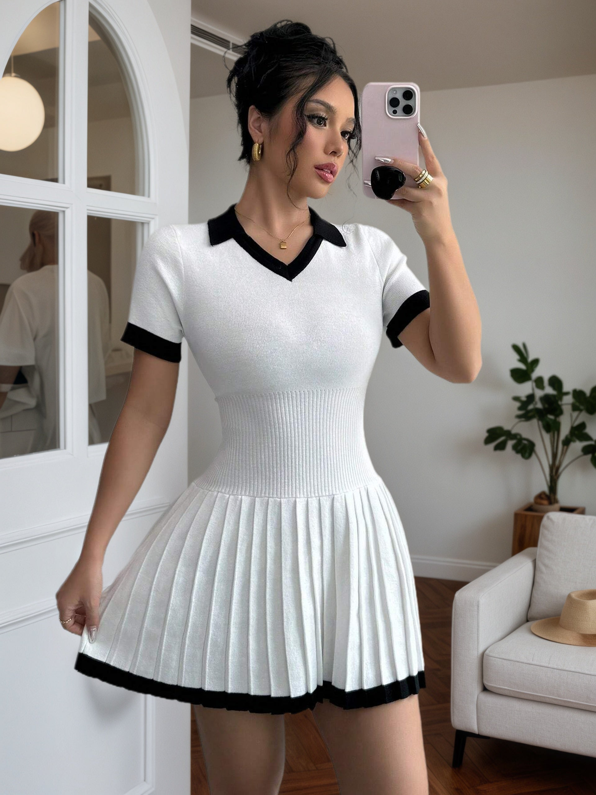 Cakulo FallFreshness Women's White & Black Knitted Sweater Dress with Color-Block Trim V-Neck Stand-Up Collar Pleated Skirt Slim Fit