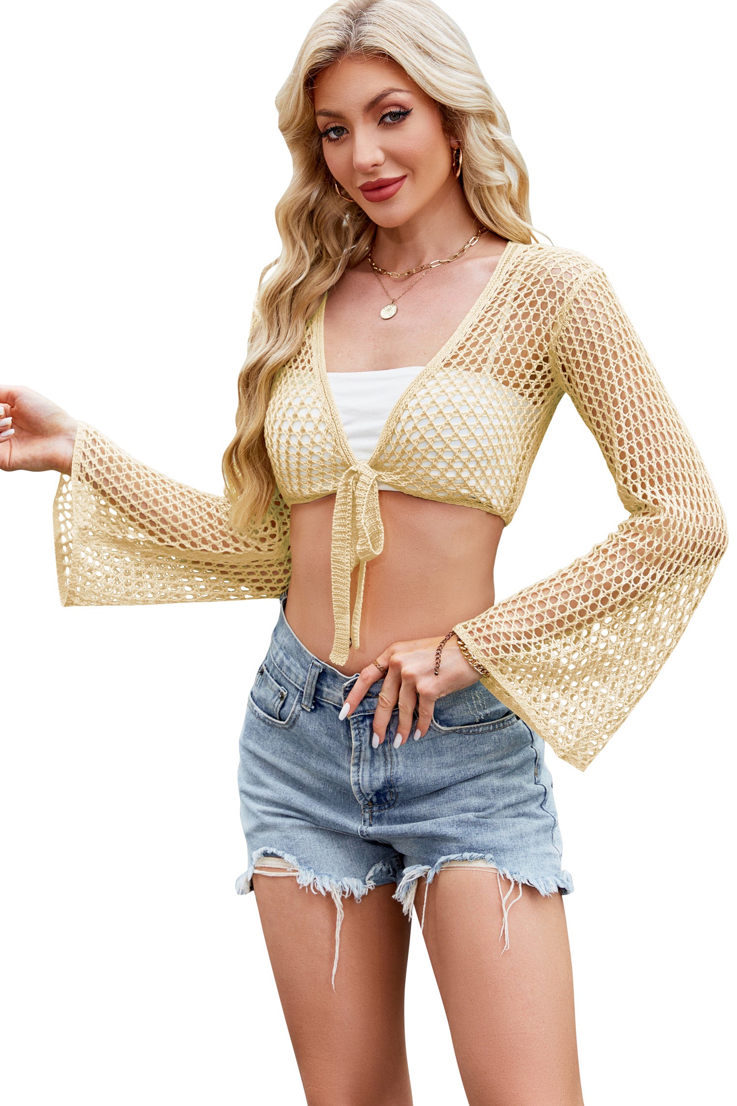 Cakulo Women Bell Long Sleeve Crochet Top Tie Front Cropped Cardigan Hollow Out Knit Bolero Shrug
