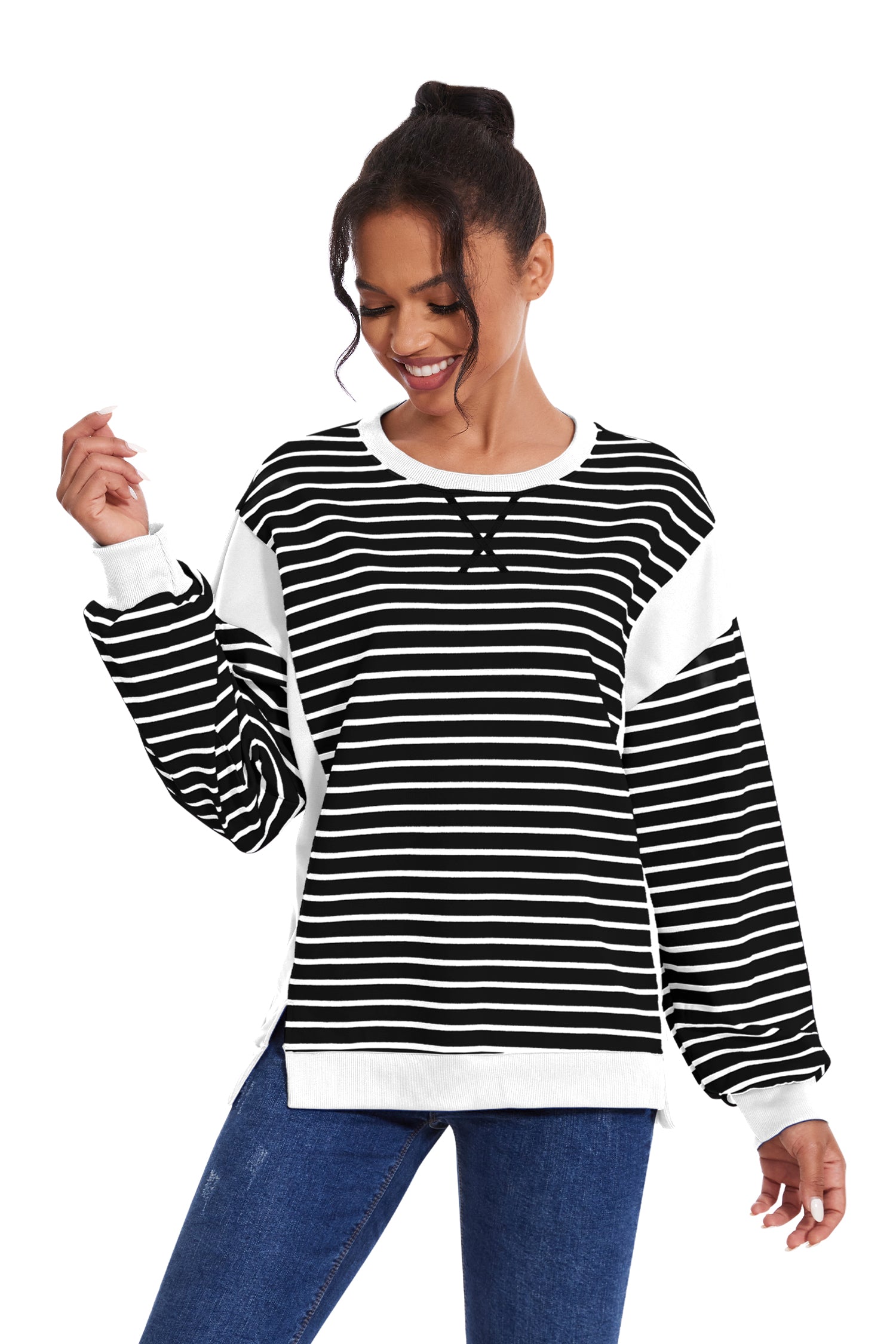 Cakulo Women's Striped Crewneck Sweatshirt with Split Hem