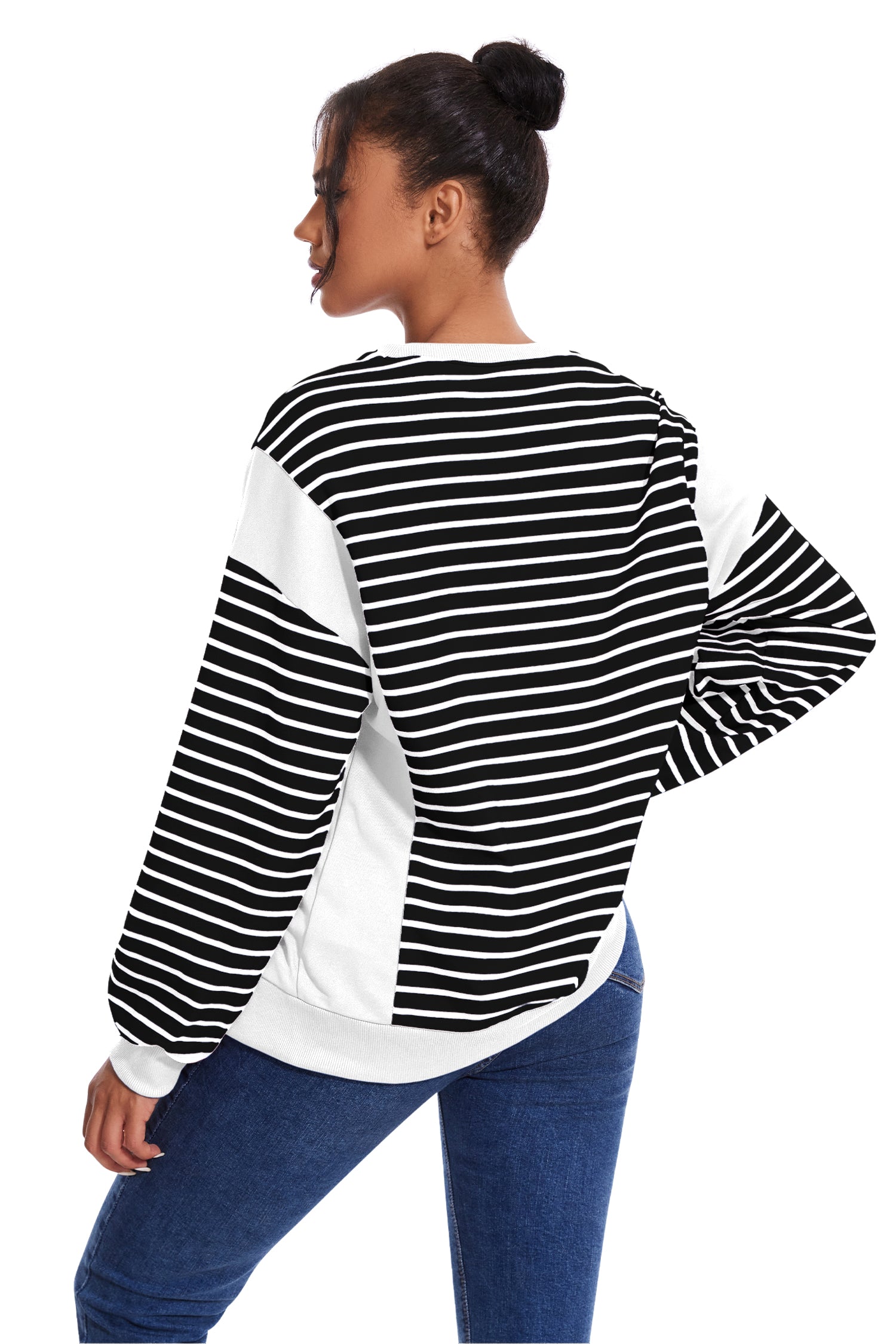 Cakulo Women's Striped Crewneck Sweatshirt with Split Hem