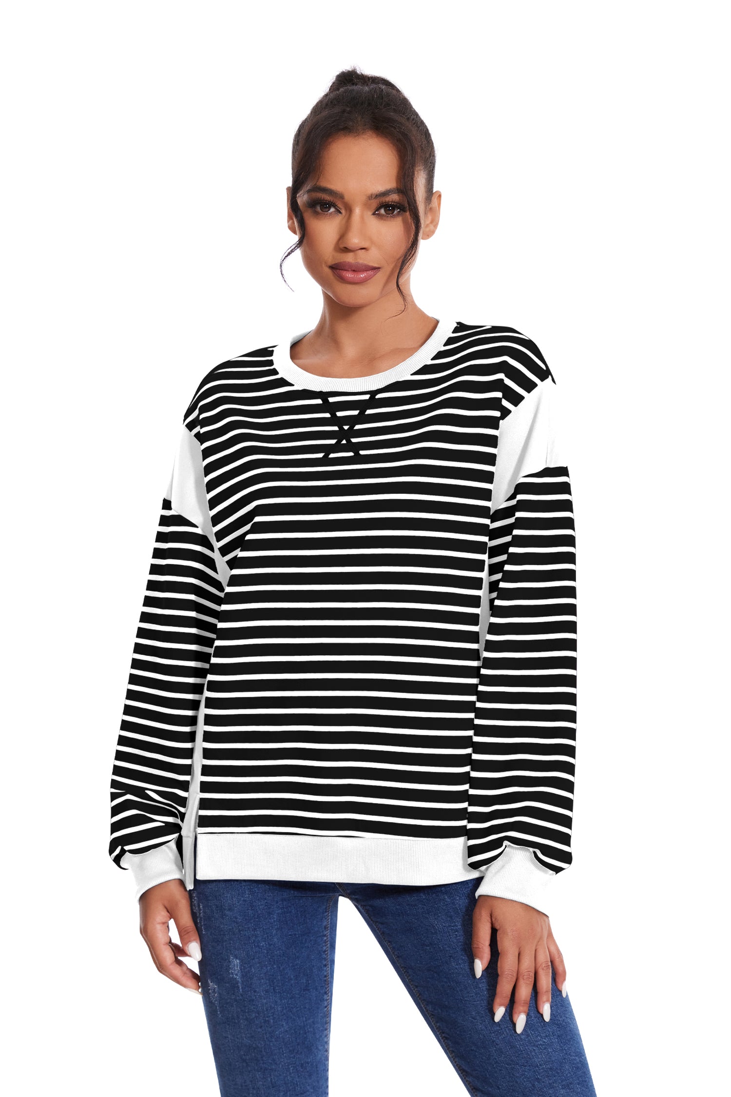 Cakulo Women's Striped Crewneck Sweatshirt with Split Hem