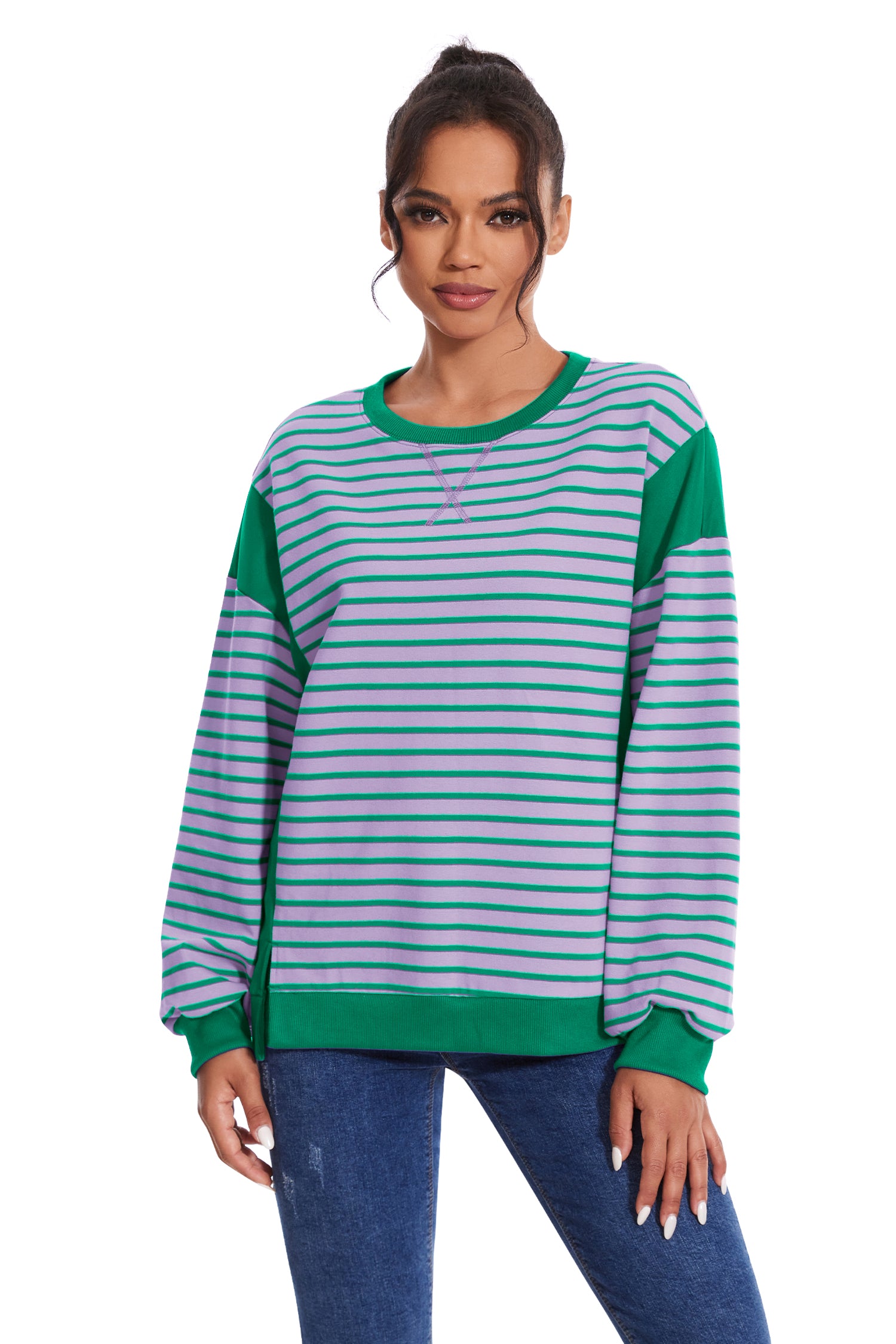 Cakulo Women's Striped Crewneck Sweatshirt with Split Hem